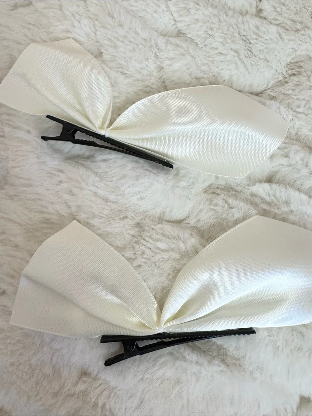 Ivory White Satin Hair Bow Clips - 2 Piece Set